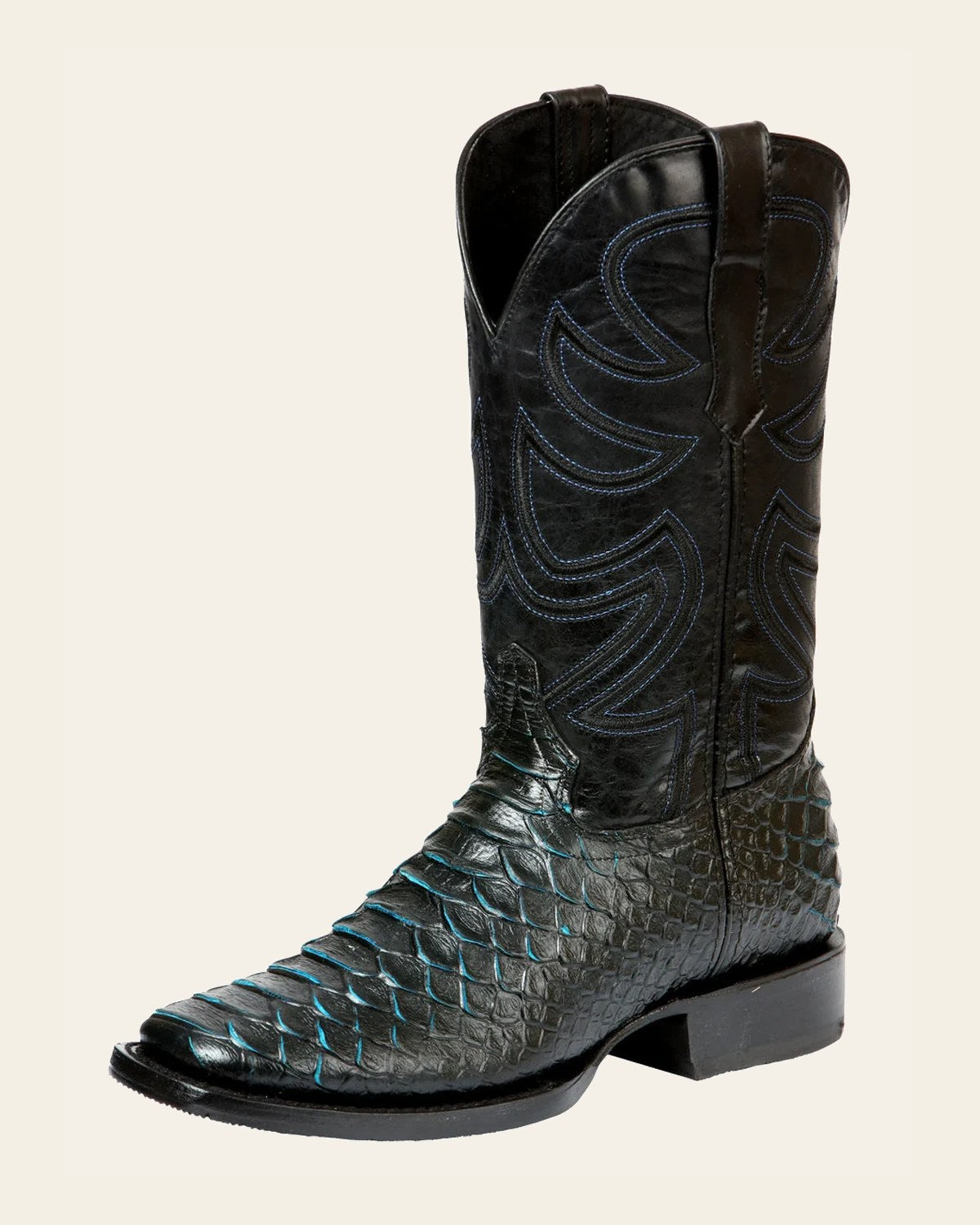 El General Men’s Rodeo Boot Imitation Python - Black/Blue 45564 on a warm cream background