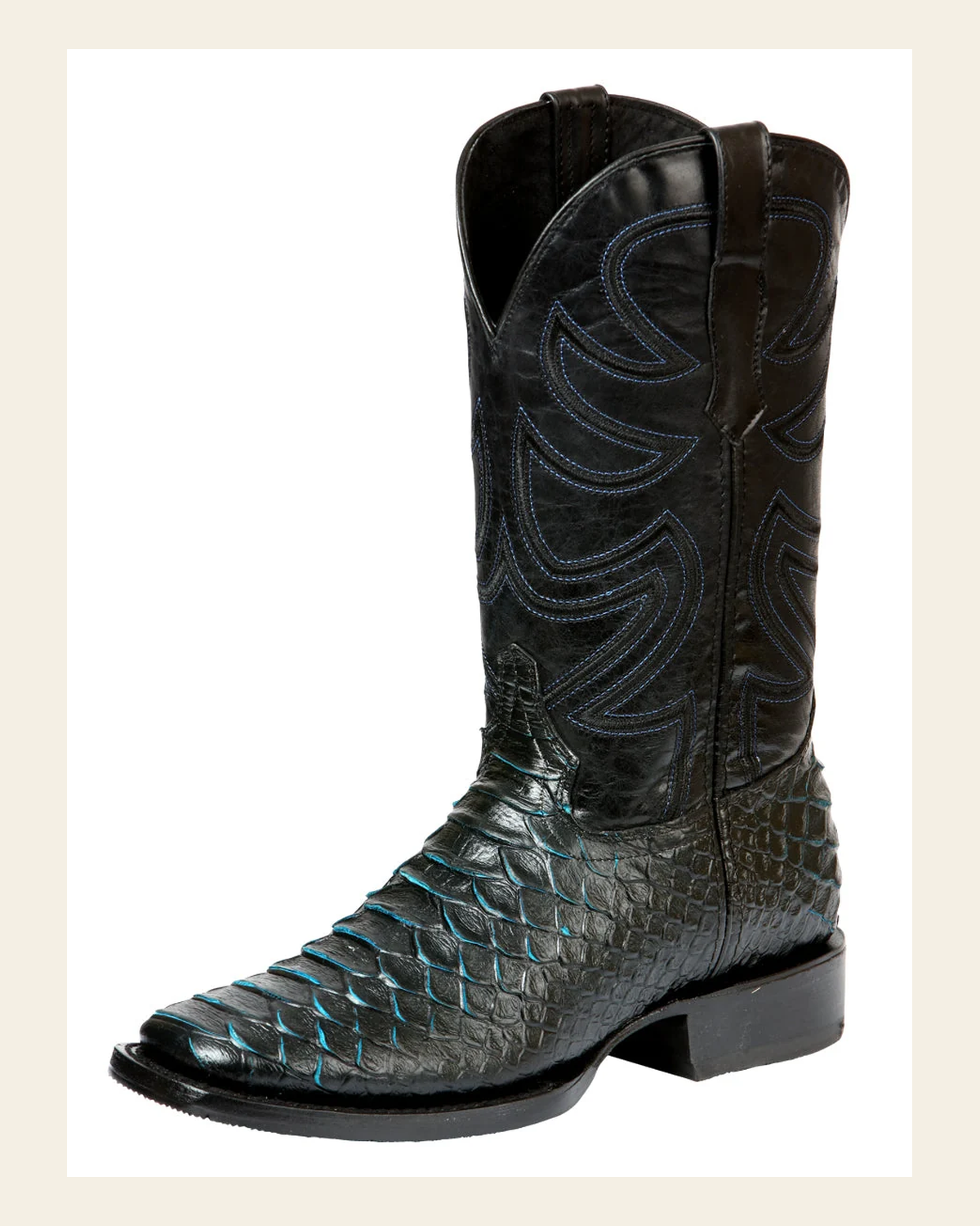 El General Men’s Rodeo Boot Imitation Python - Black/Blue 45564 on a warm cream background
