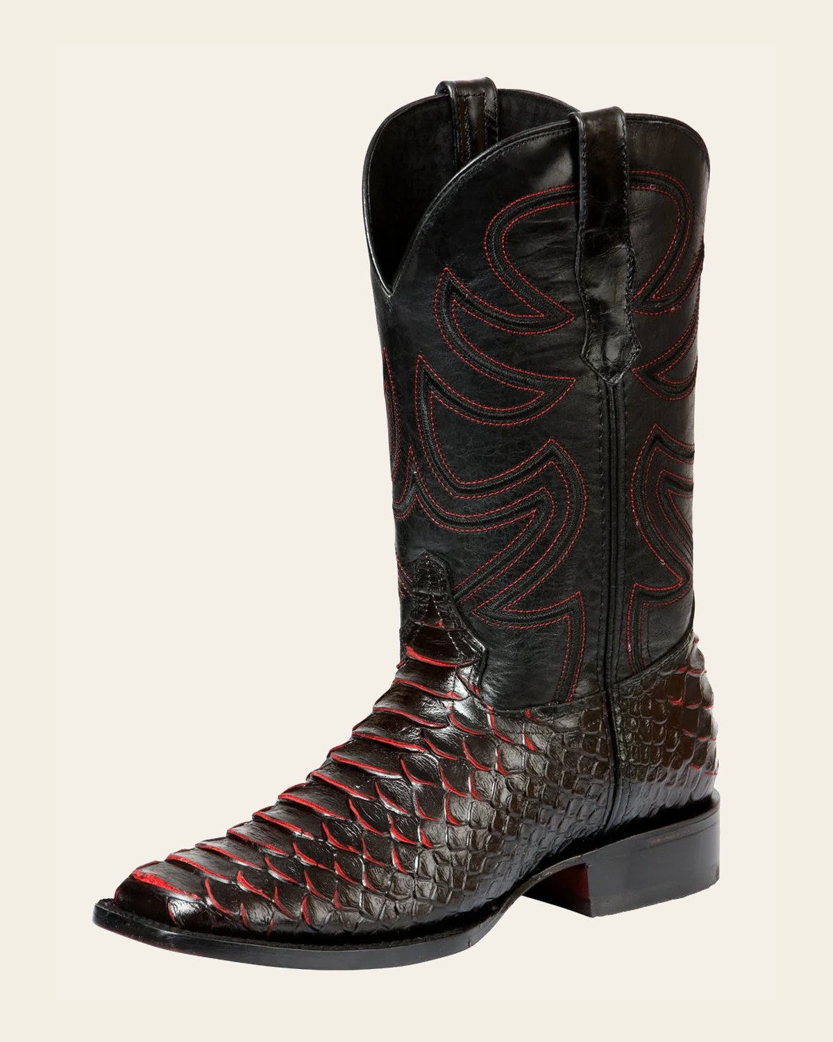 El General Men’s Rodeo Boot Imitation Python - Black/Red 45565 on a warm cream background