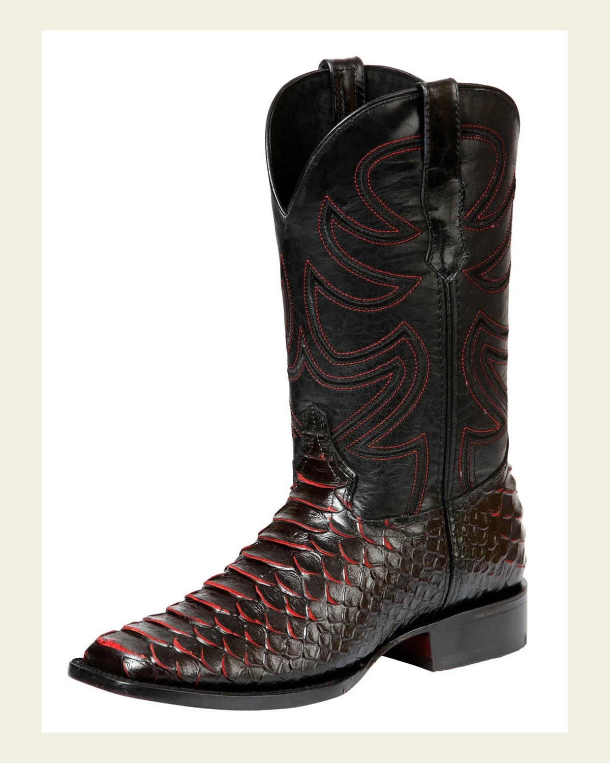 El General Men’s Rodeo Boot Imitation Python - Black/Red 45565 on a warm cream background