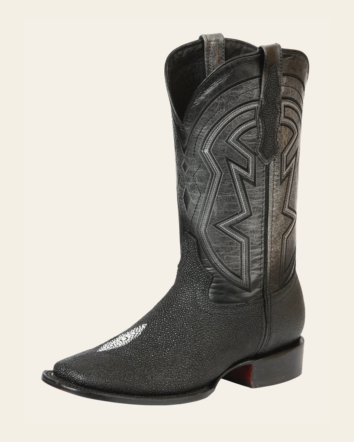 El General Men’s Leather Cowboy Boots - Embossed Stingray Print - Black 45566 on a warm cream background