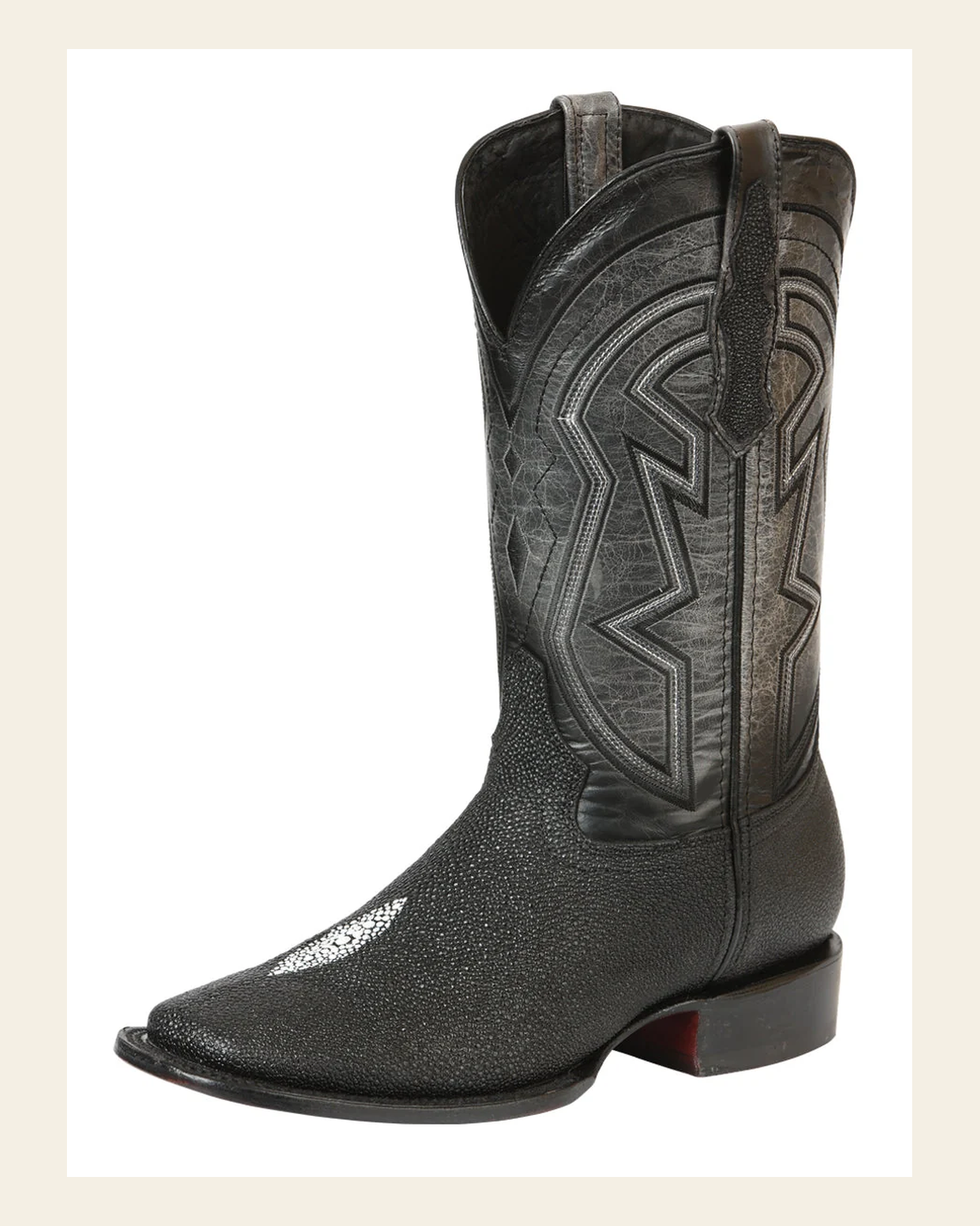 El General Men’s Leather Cowboy Boots - Embossed Stingray Print - Black 45566 on a warm cream background
