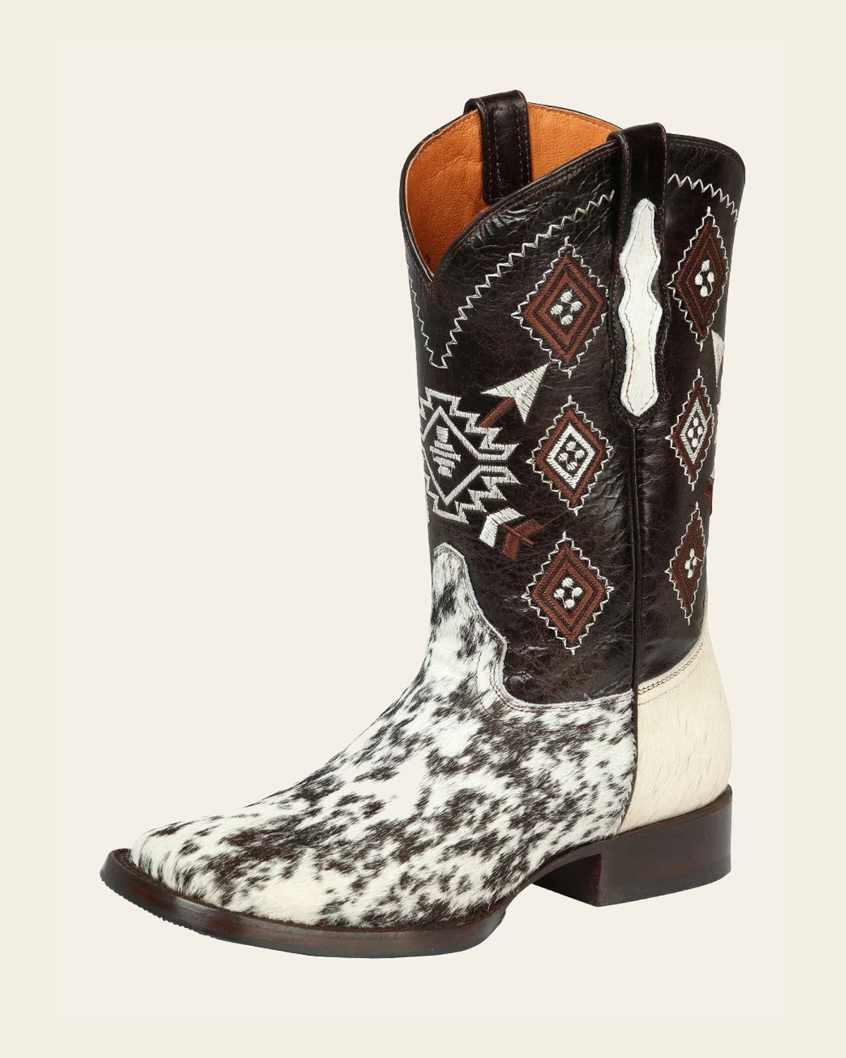El General Men’s Leather Cowboy Boots - Made in Mexico - White & Brown Cowhide 44862 on a warm cream background