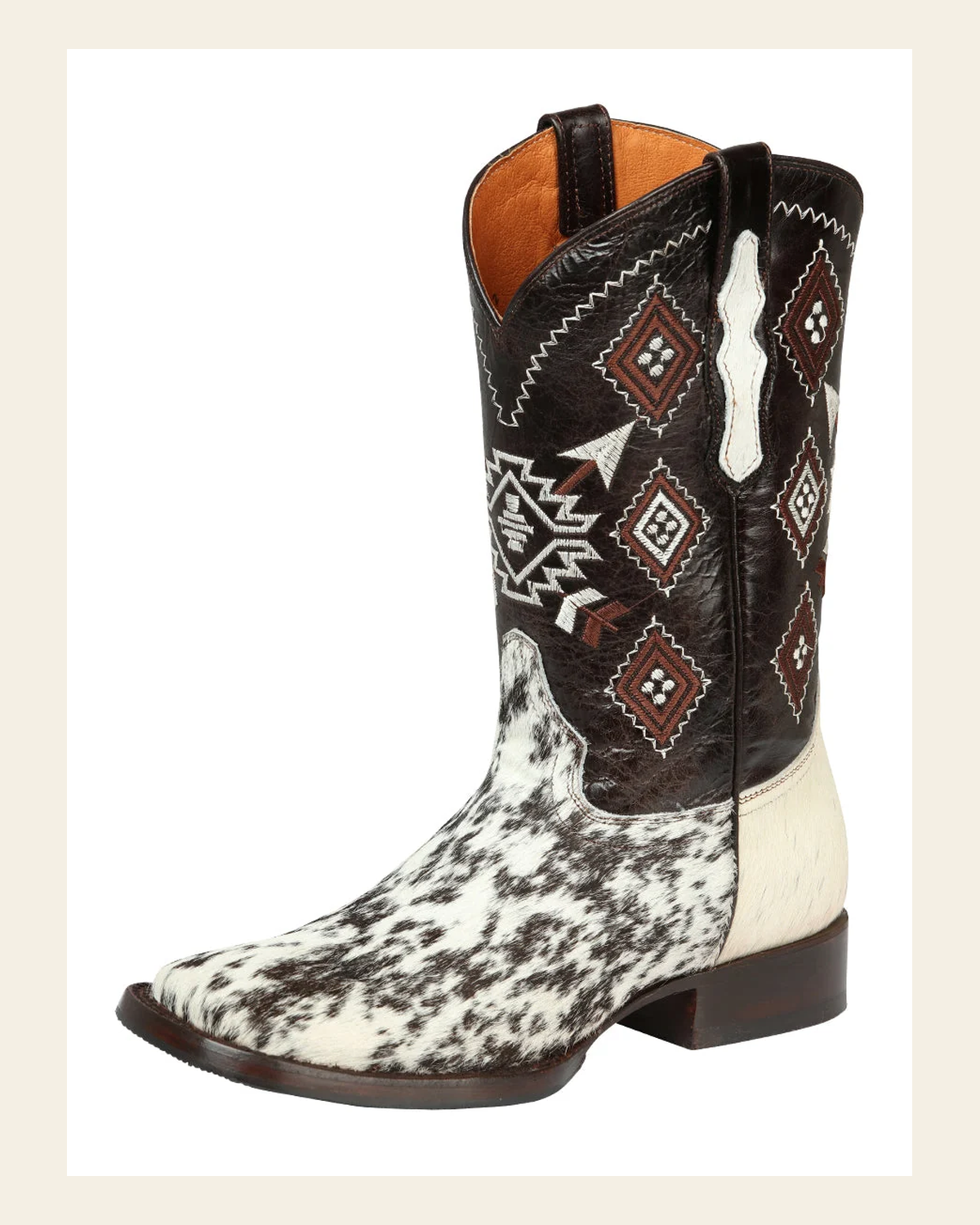 El General Men’s Leather Cowboy Boots - Made in Mexico - White & Brown Cowhide 44862 on a warm cream background