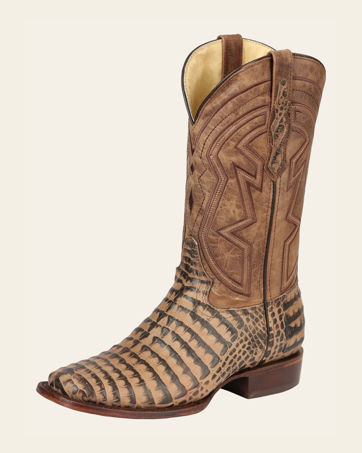 El General Men’s Leather Cowboy Boots - Caiman Belly Print - Tobacco 45664 on a warm cream background