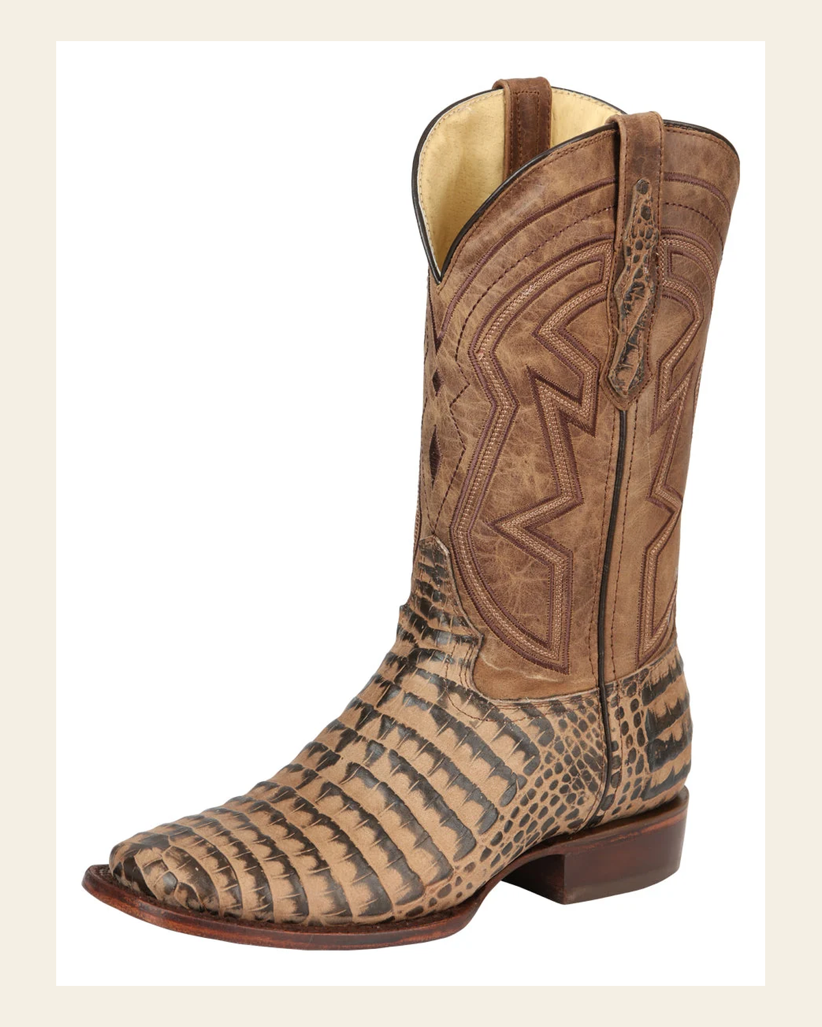El General Men’s Leather Cowboy Boots - Caiman Belly Print - Tobacco 45664 on a warm cream background
