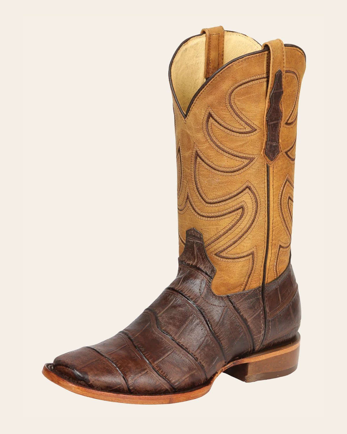 El General Men’s Leather Cowboy Boots - Made in Mexico - Embossed Alligator Crocodile Print on a warm cream background