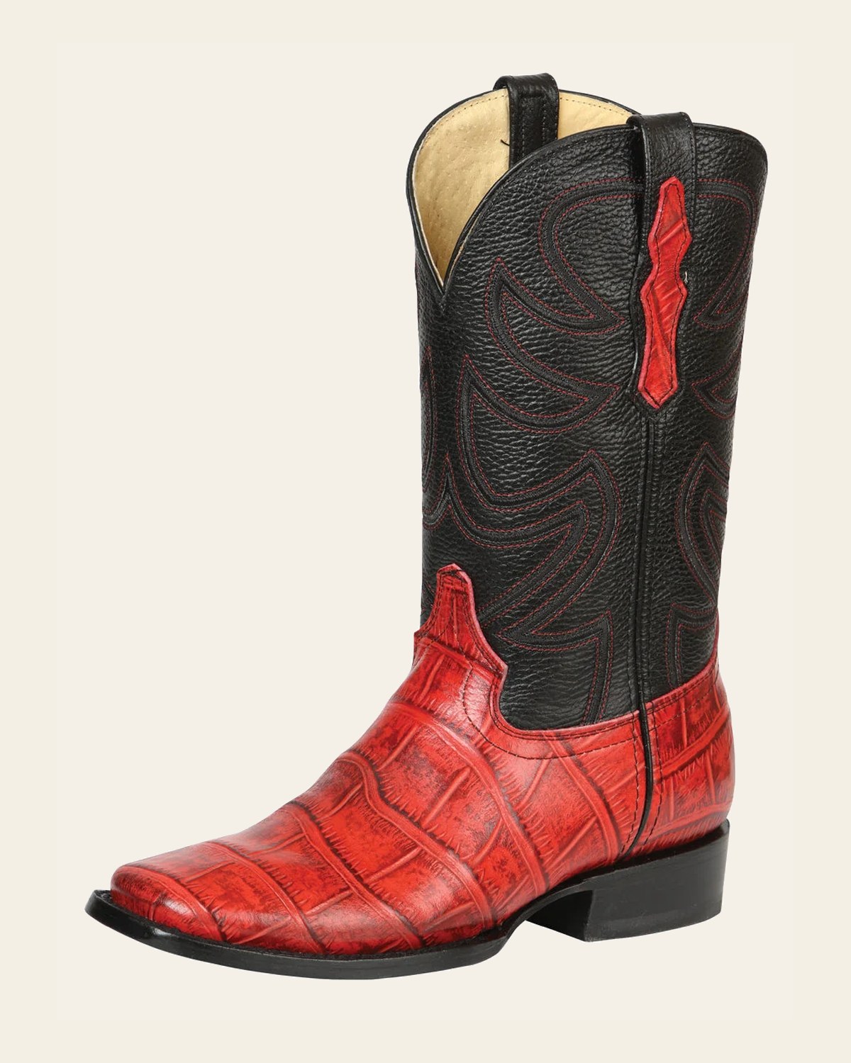 El General Men’s Leather Cowboy Boots - Made in Mexico - Embossed Alligator Crocodile Print - Red on a warm cream background