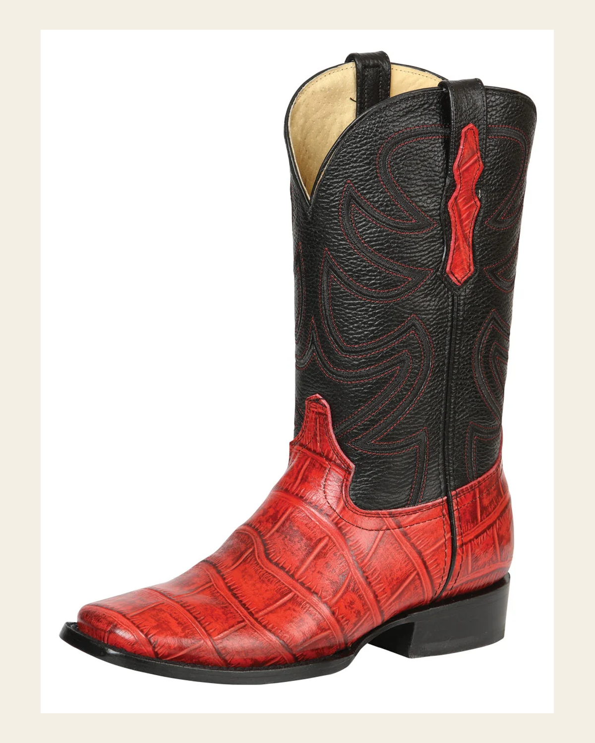 El General Men’s Leather Cowboy Boots - Made in Mexico - Embossed Alligator Crocodile Print - Red 45766 on a warm cream background