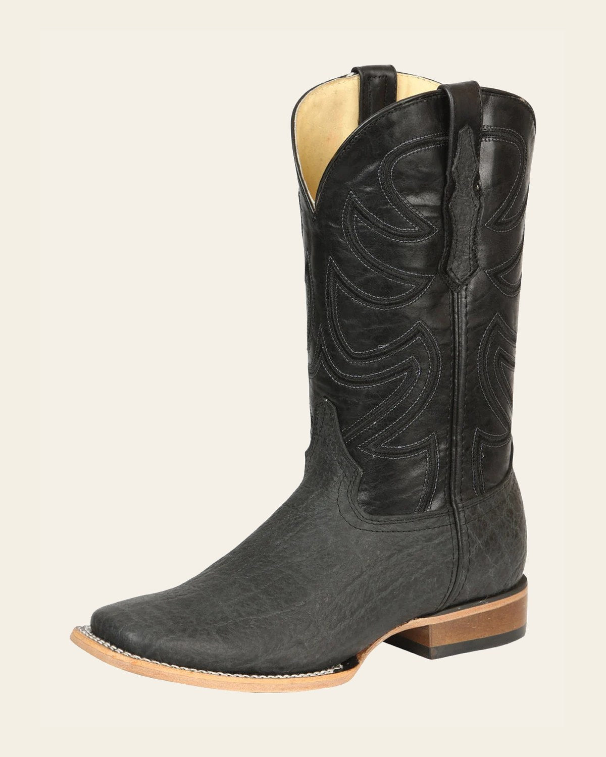 El General Men’s Leather Cowboy Boots - Made in Mexico - Embossed Elephant Print - Black/Gray on a warm cream background