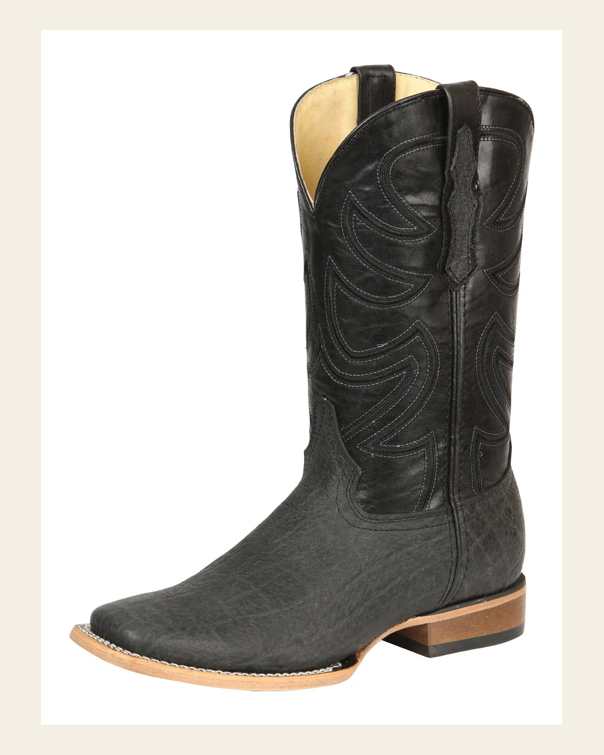 El General Men’s Leather Cowboy Boots - Made in Mexico - Embossed Elephant Print - Black/Gray 45768 on a warm cream background