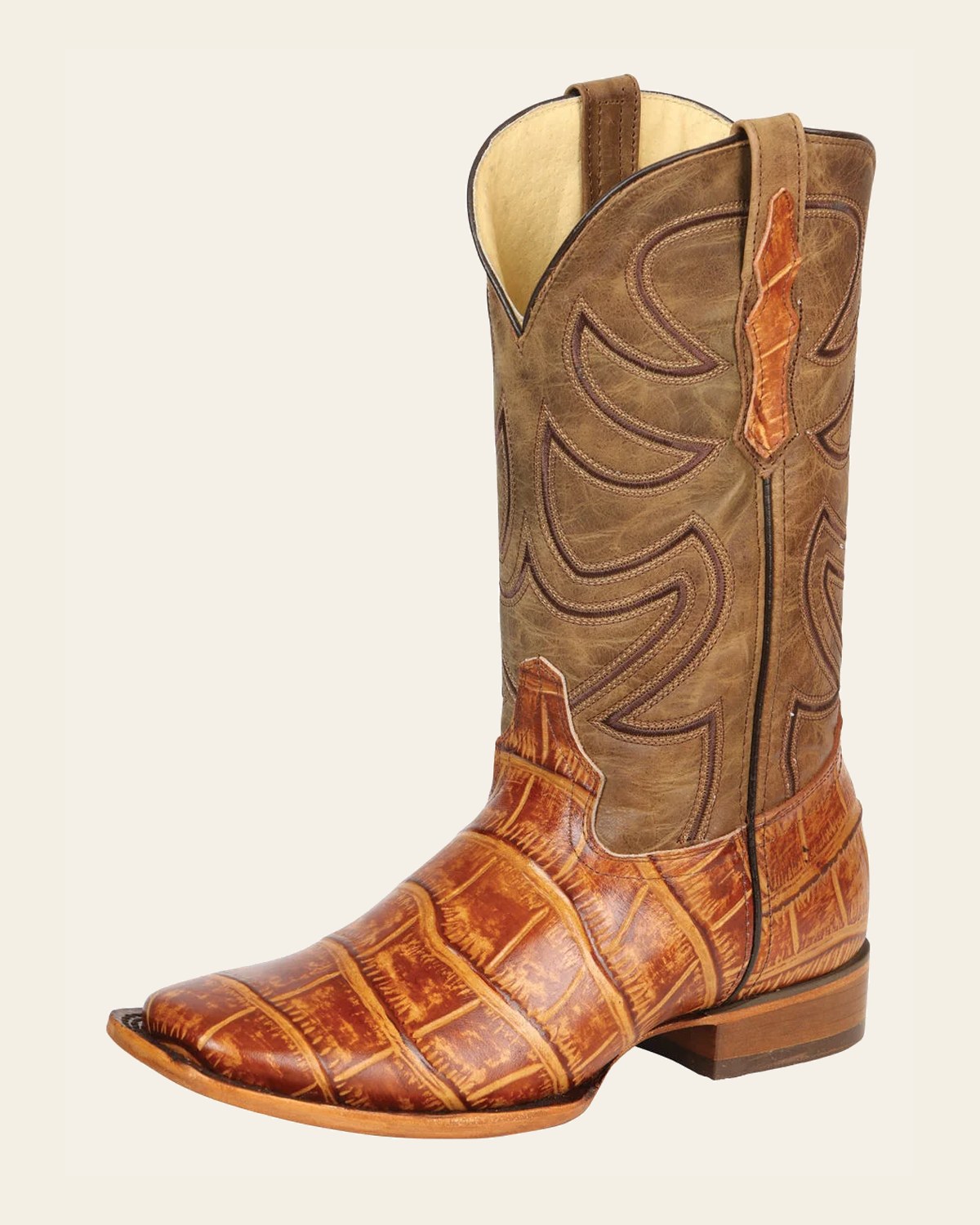 El General Men’s Leather Cowboy Boots - Made in Mexico - Embossed Alligator Crocodile Print on a warm cream background