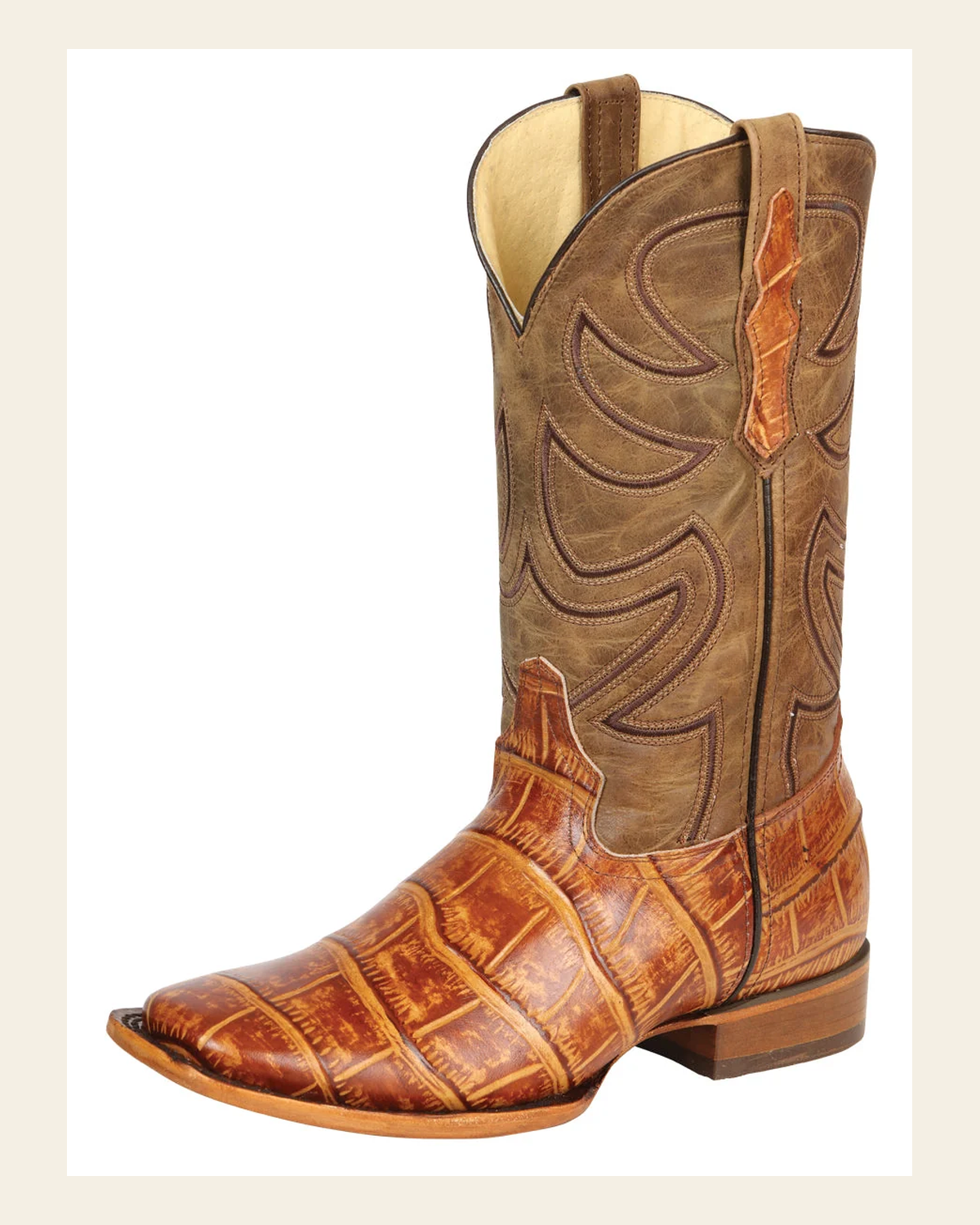 El General Men’s Leather Cowboy Boots - Made in Mexico - Embossed Alligator Crocodile Print - Honey 45764 on a warm cream background