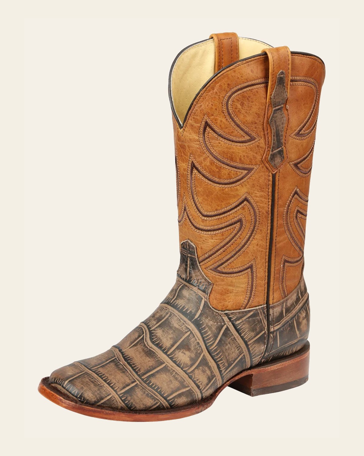 El General Men’s Leather Cowboy Boot - Made in Mexico - Alligator Crocodile Print Tobacco 45663 on a warm cream background