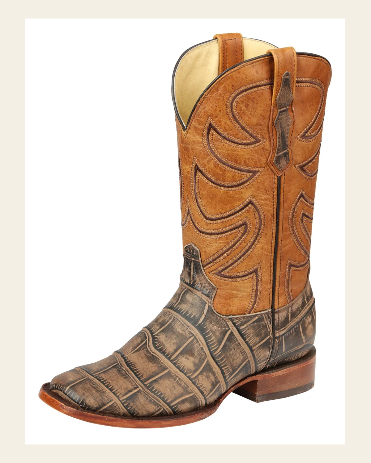 El General Men’s Leather Cowboy Boot - Made in Mexico - Alligator Crocodile Print Tobacco 45663 on a warm cream background
