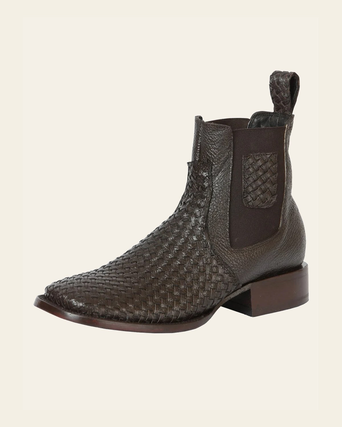 El General Men’s Rodeo Brown Petatillo Woven Ankle Boots 45177 on a warm cream background