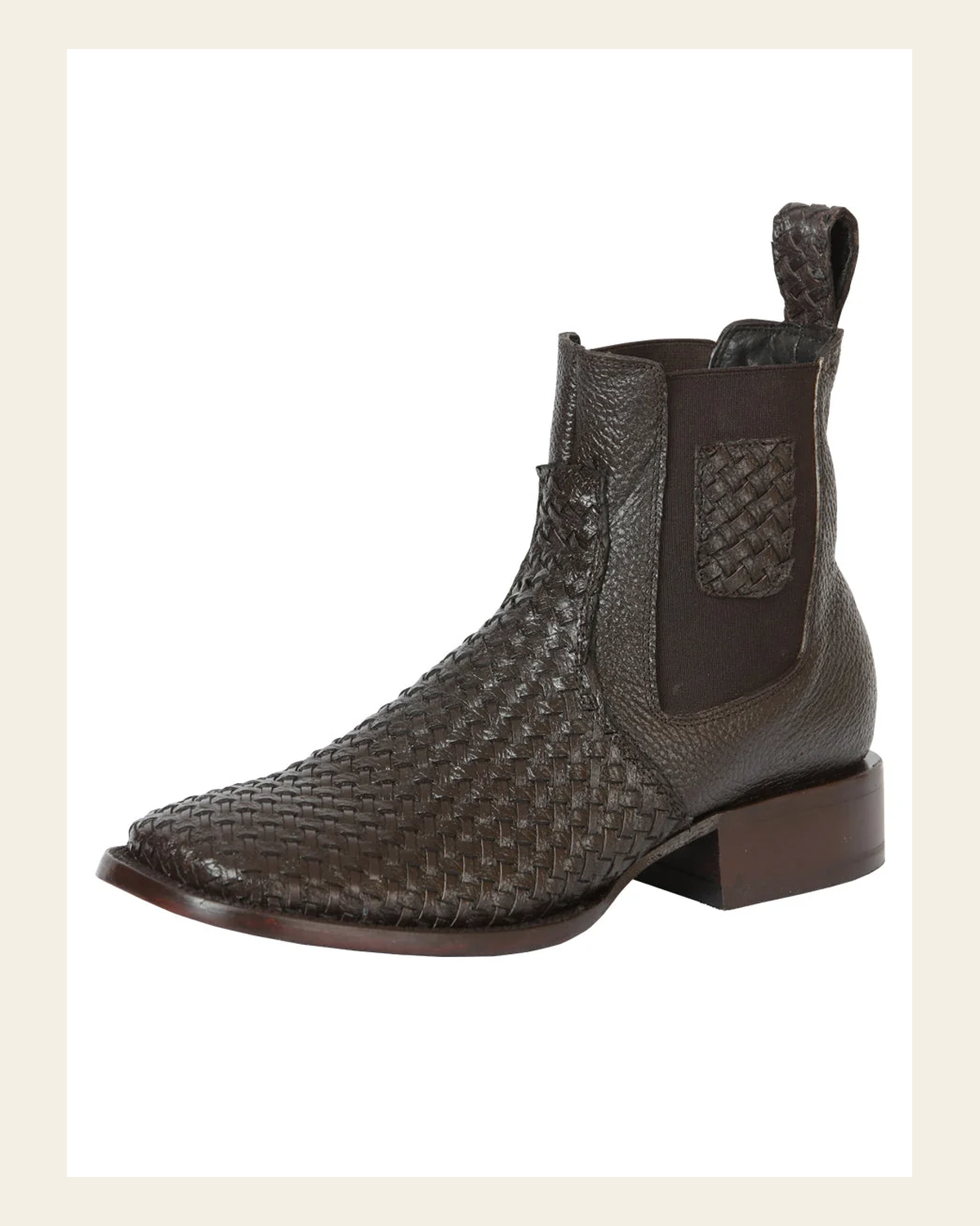 El General Men’s Rodeo Brown Petatillo Woven Ankle Boots 45177 on a warm cream background