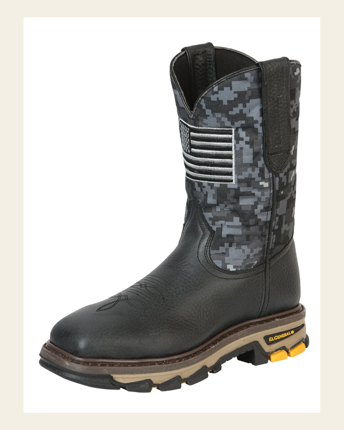 El General Men’s Steel Toe Work Boot - Bull Fight Leather - Black 44774 on a warm cream background