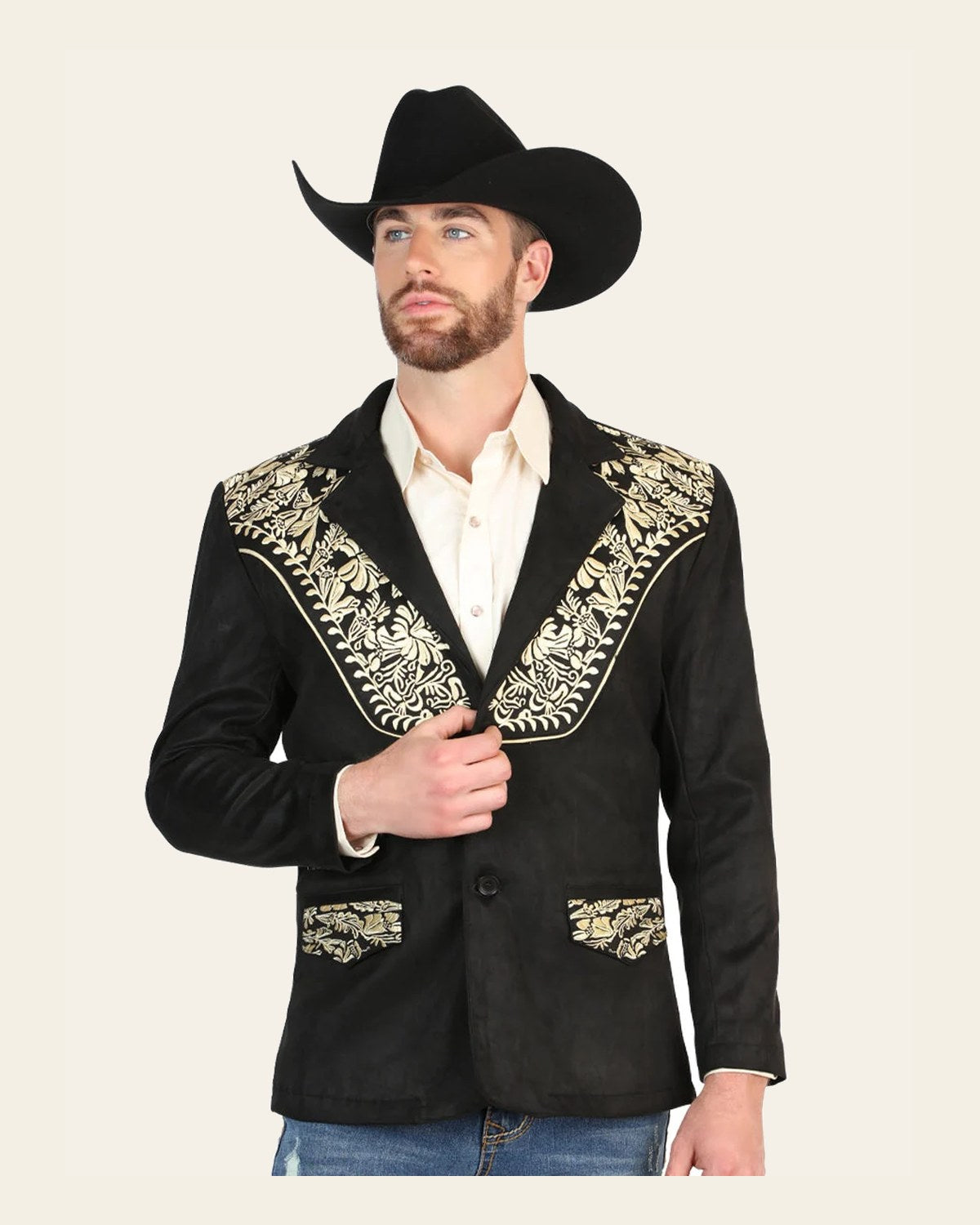 El General Men’s Suede Western Embroidered Blazer - Black 45647 on a warm cream background