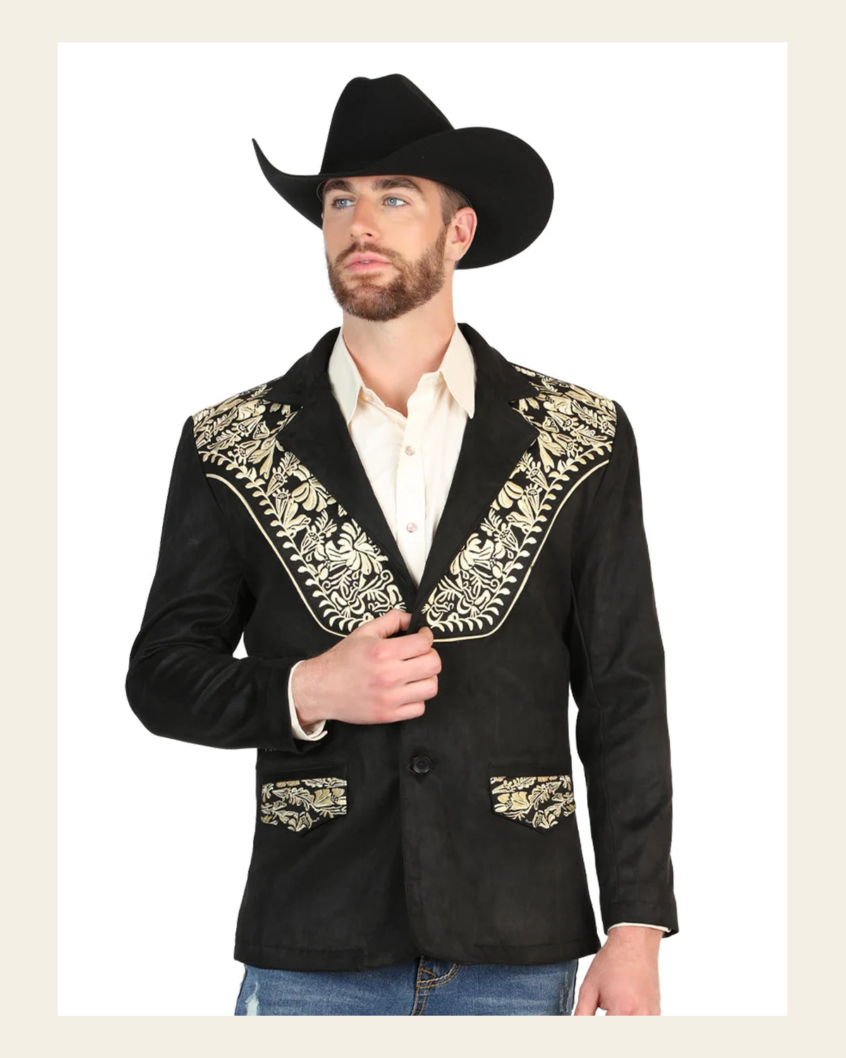El General Men’s Suede Western Embroidered Blazer - Black 45647 on a warm cream background