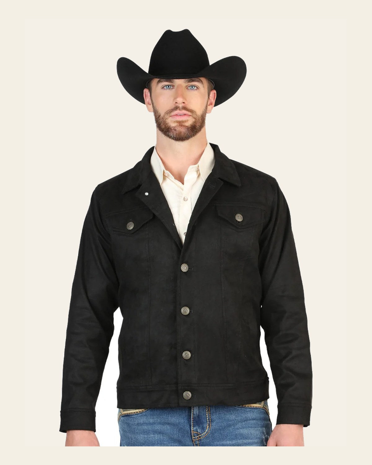 El General Men’s Suede Buttoned Jacket - Black 45650 on a warm cream background
