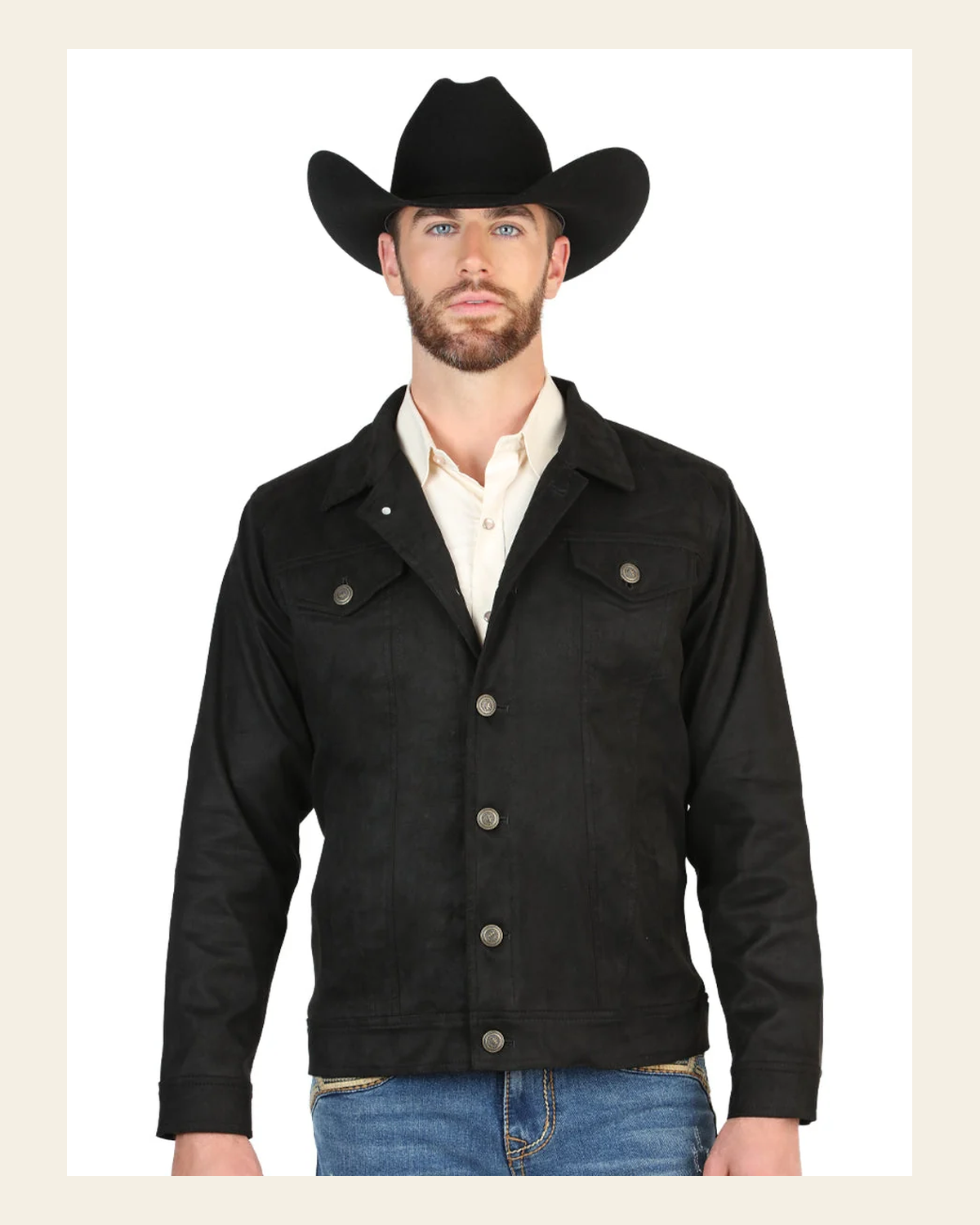 El General Men’s Suede Buttoned Jacket - Black 45650 on a warm cream background