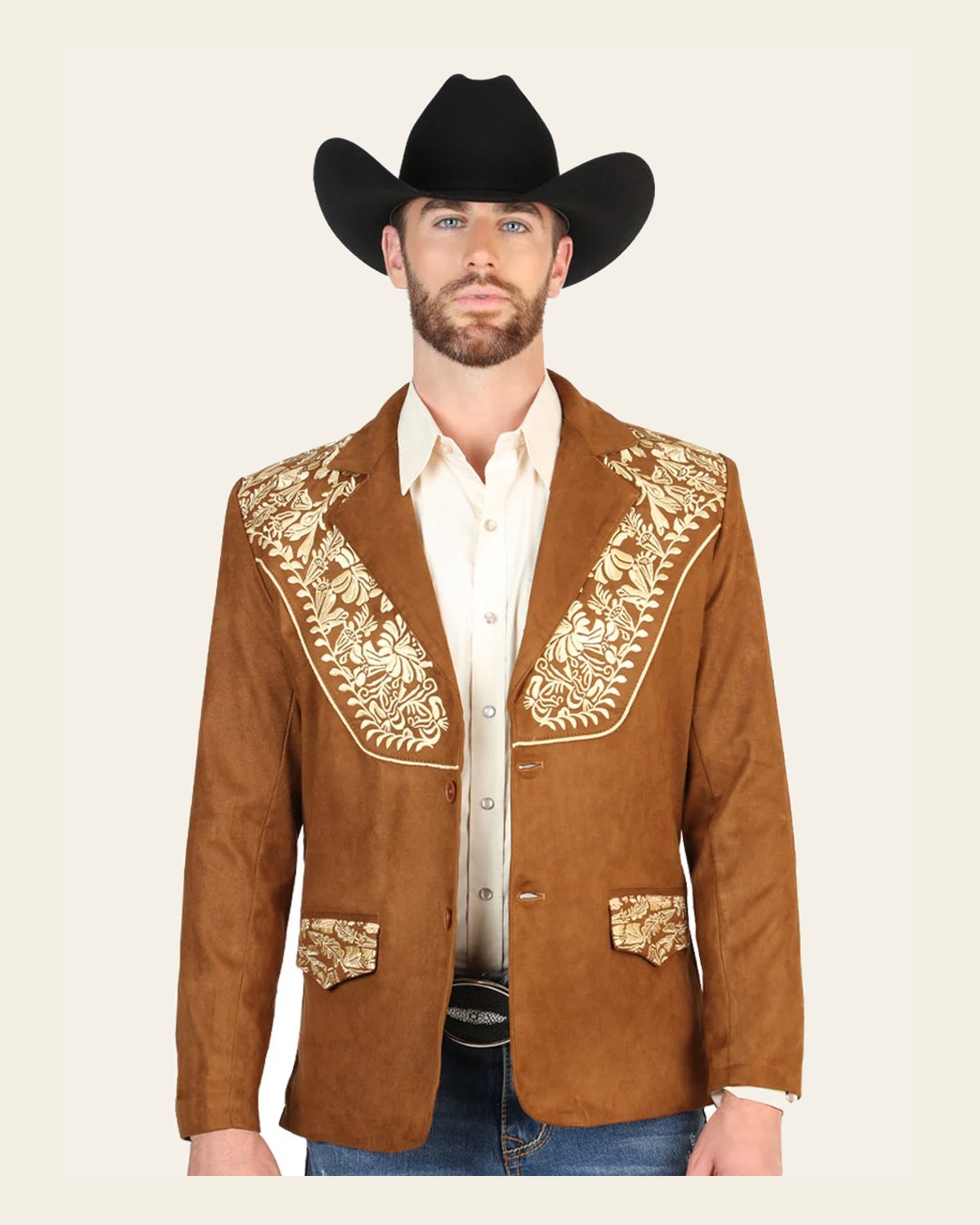El General Men’s Suede Western Embroidered Blazer - Tan 45646 on a warm cream background
