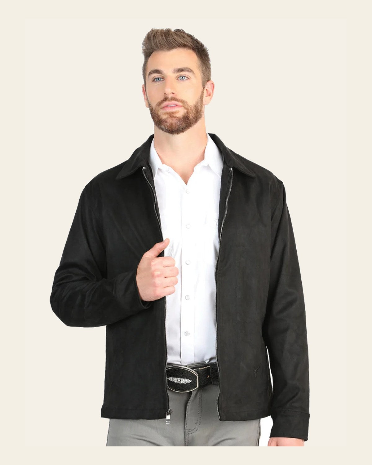 El General Men’s Suede Zipper Jacket - Black 45648 on a warm cream background