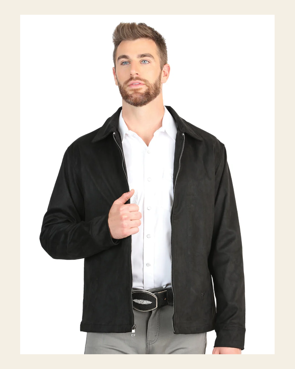 El General Men’s Suede Zipper Jacket - Black 45648 on a warm cream background