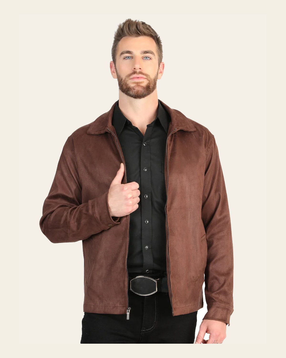 El General Men’s Suede Zipper Jacket - Brown 45649 on a warm cream background