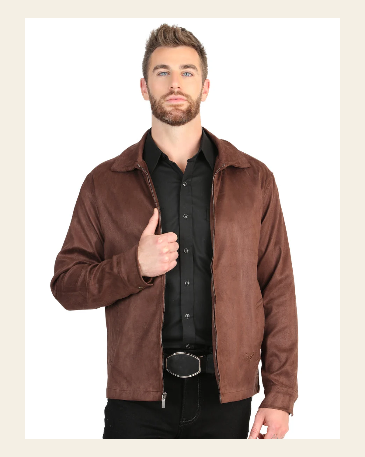 El General Men’s Suede Zipper Jacket - Brown 45649 on a warm cream background