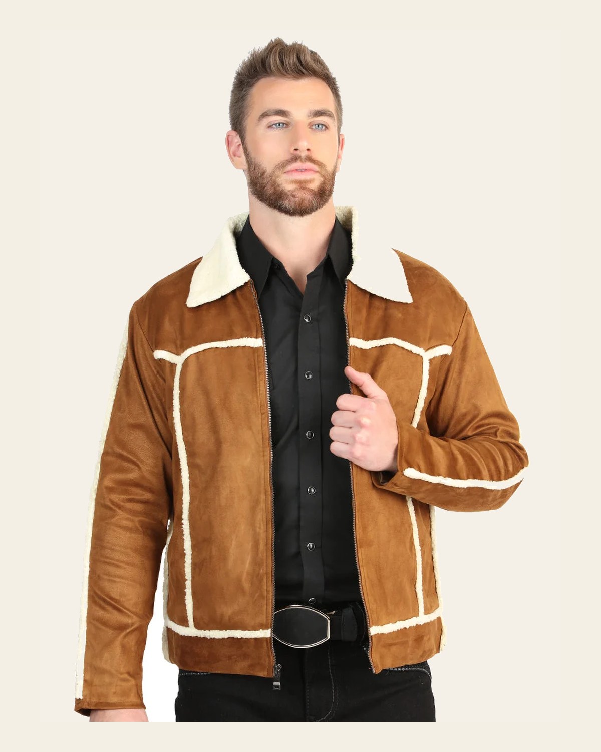 El General Men’s Tan Suede Sherpa-Lined Jacket 45634 on a warm cream background
