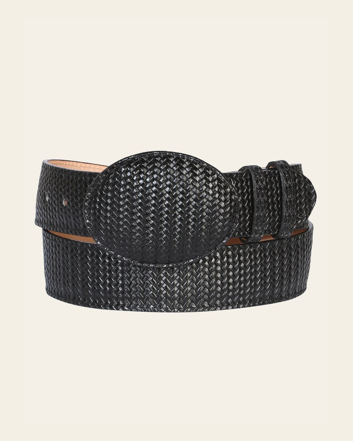 El General Men’s Western Belt - Black Woven Embossed Leather 41897 on a warm cream background