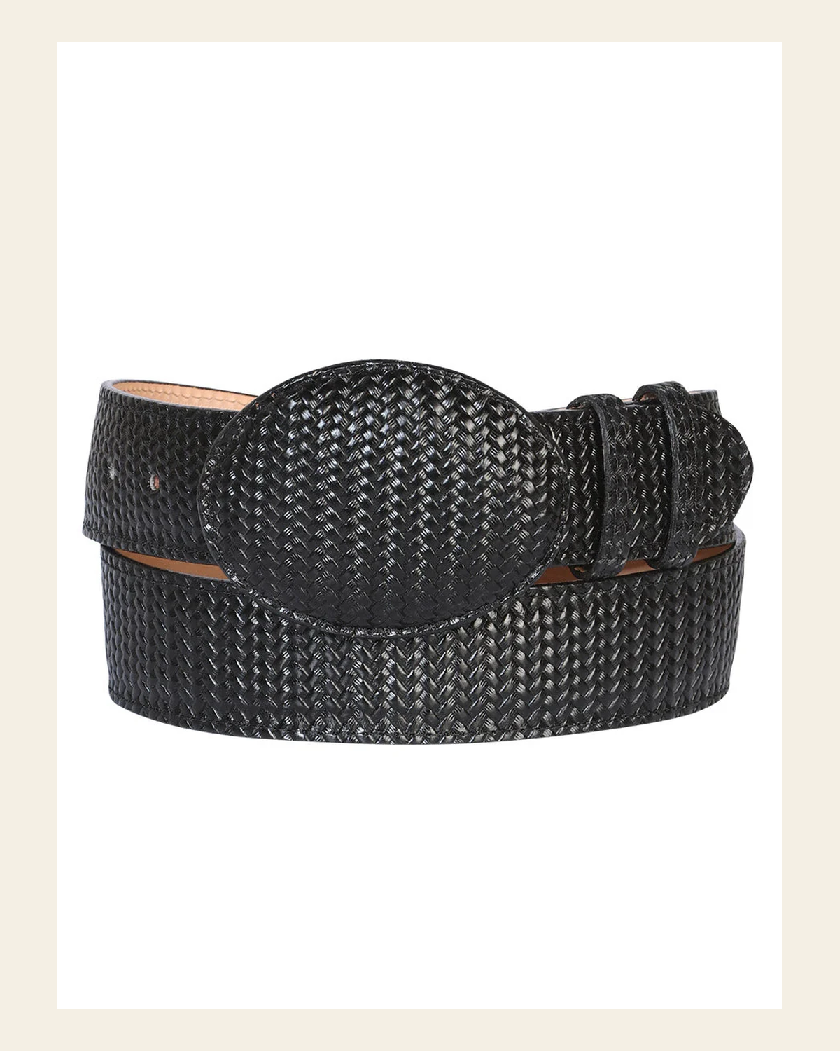 El General Men’s Western Belt - Black Woven Embossed Leather 41897 on a warm cream background