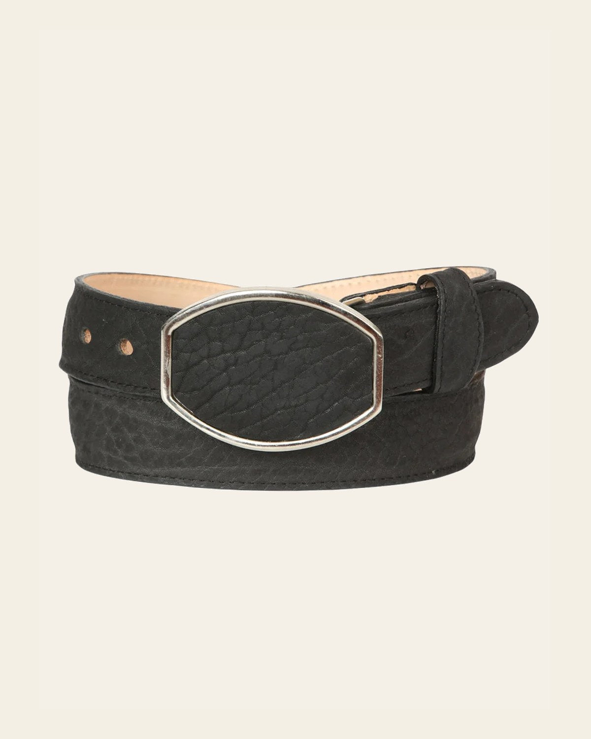 El General Men’s Western Belt - Bull Neck Print - Black 45679 on a warm cream background