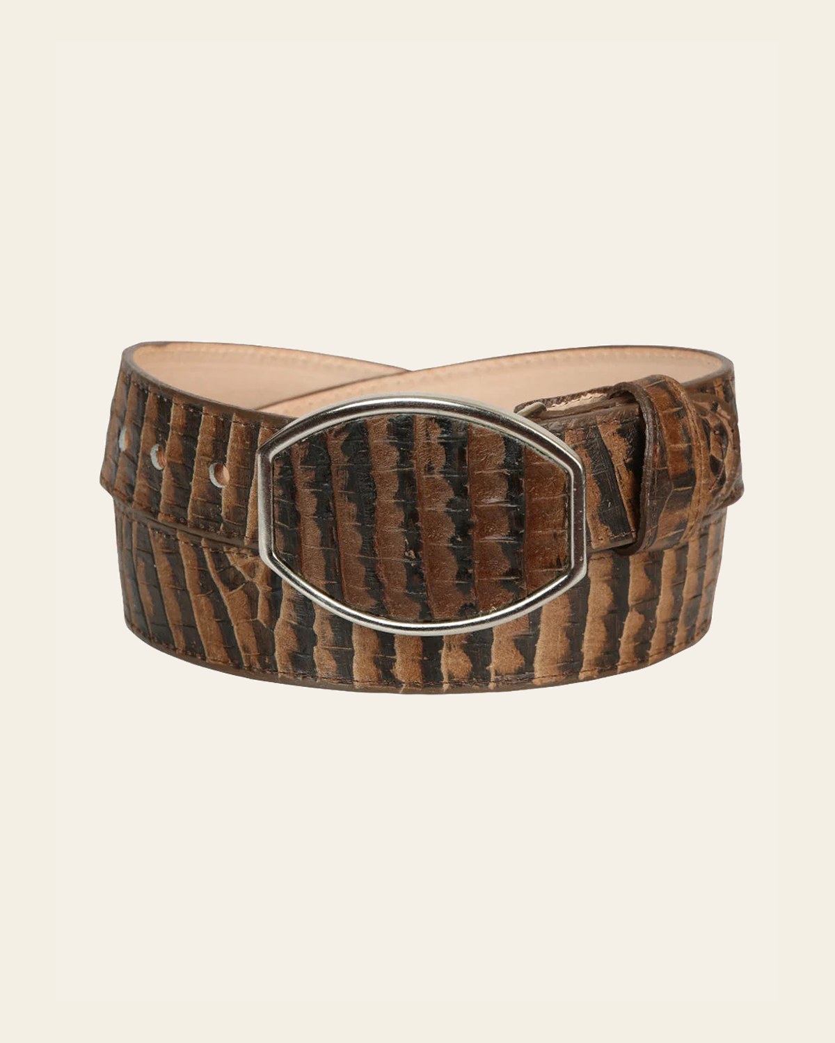 El General Men’s Western Belt - Caiman Belly Print - Tobacco 45682 on a warm cream background