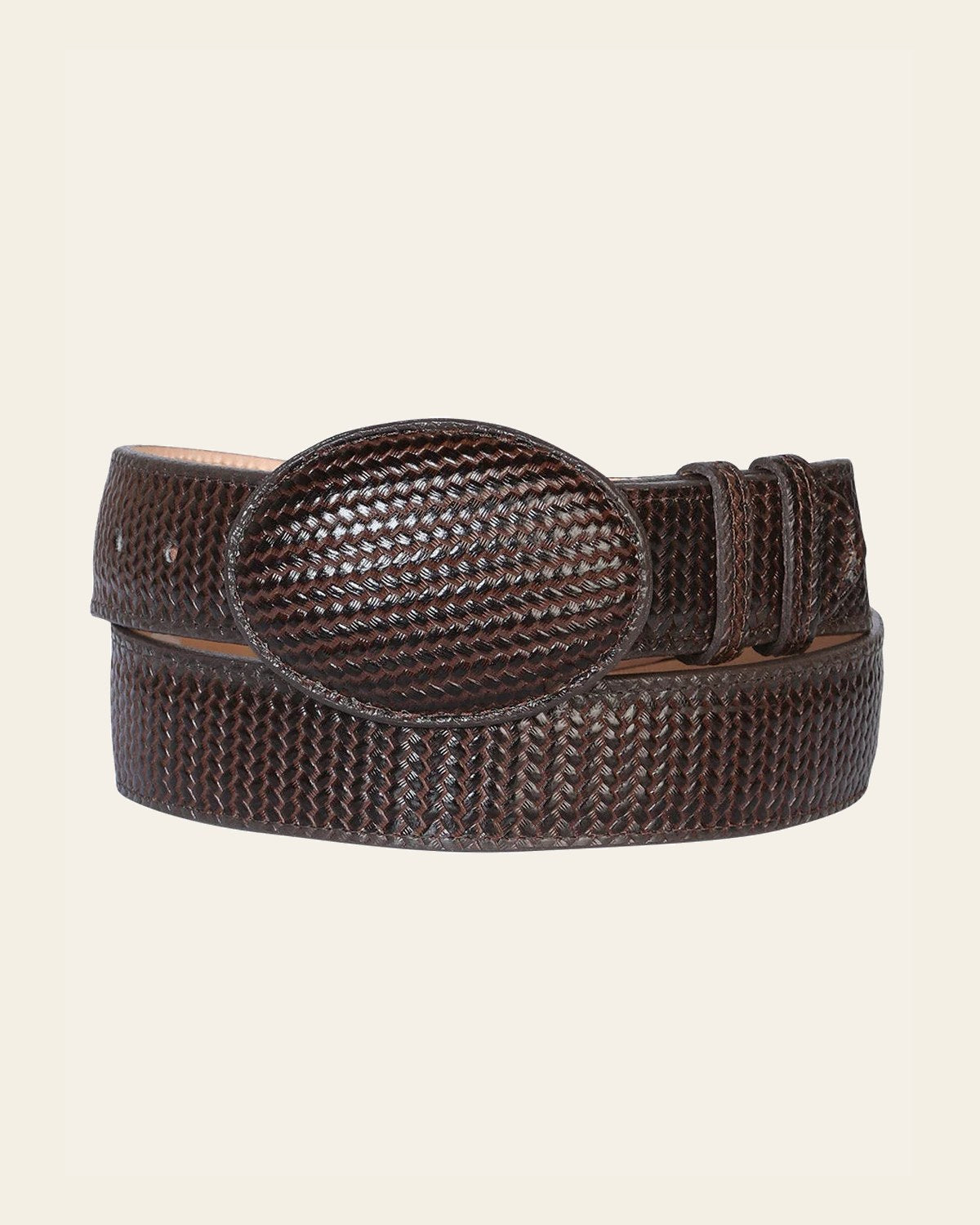 El General Men’s Western Belt Cigar Embossed Woven Leather 41898 on a warm cream background
