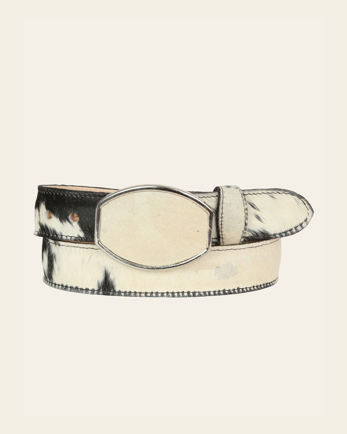 El General Men’s Western Belt - Cowhide Hair Print - Black/White 45681 on a warm cream background