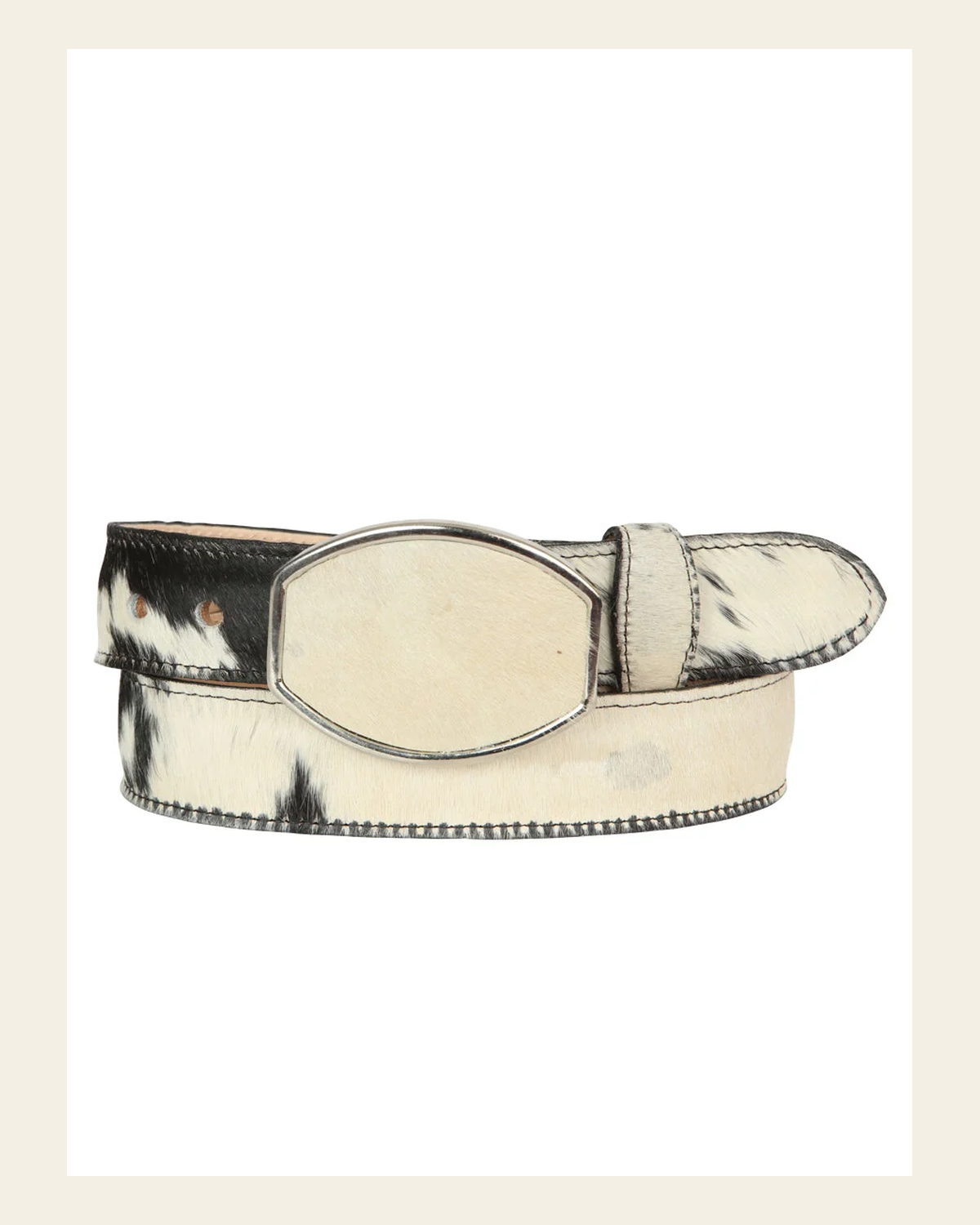 El General Men’s Western Belt - Cowhide Hair Print - Black/White 45681 on a warm cream background