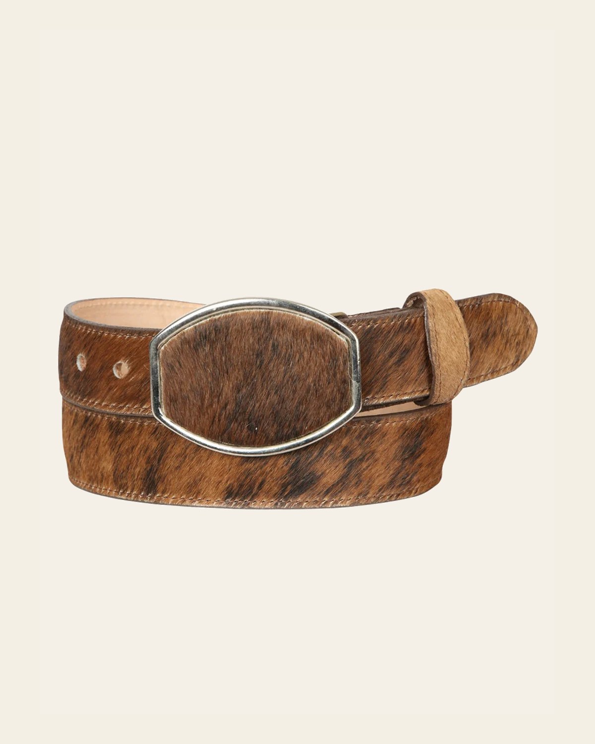 El General Men’s Western Belt - Cowhide Hair Print - Honey 45680 on a warm cream background