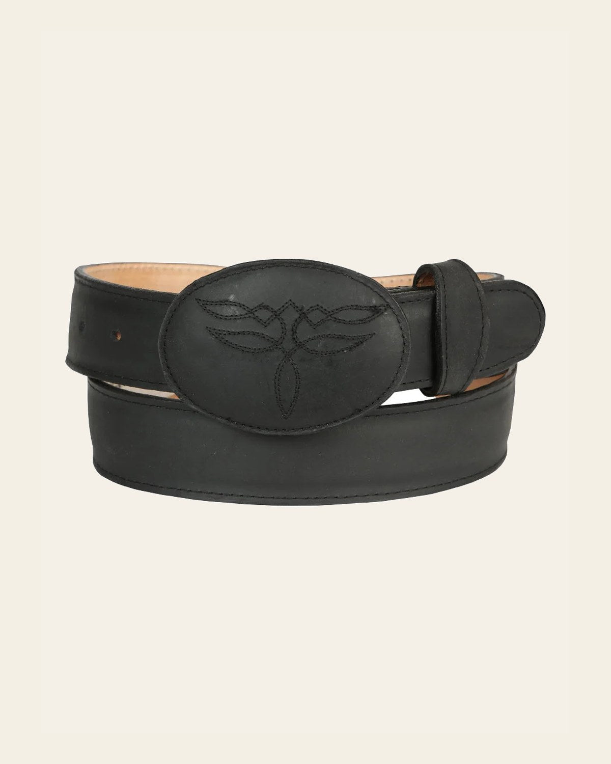 El General Men’s Western Belt - Crazy Cowhide Leather - Black 43190 on a warm cream background