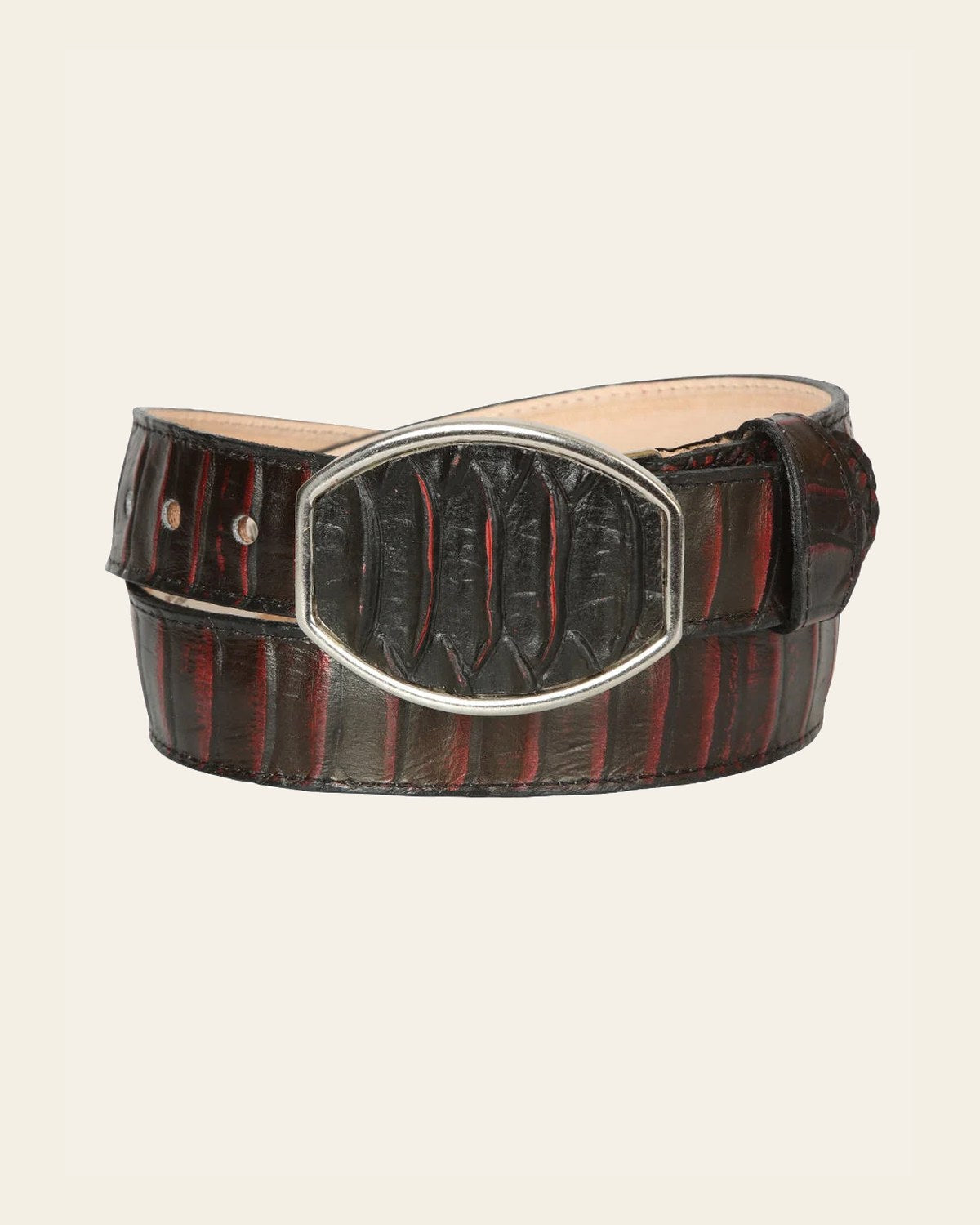 El General Men’s 100% Leather Western Belt - Made in Mexico - Red Snake Print 45676 on a warm cream background