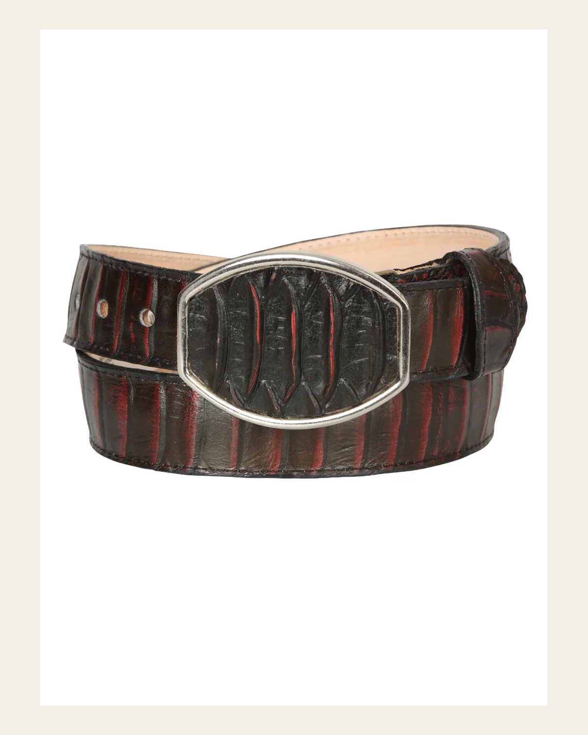 El General Men’s 100% Leather Western Belt - Made in Mexico - Red Snake Print 45676 on a warm cream background
