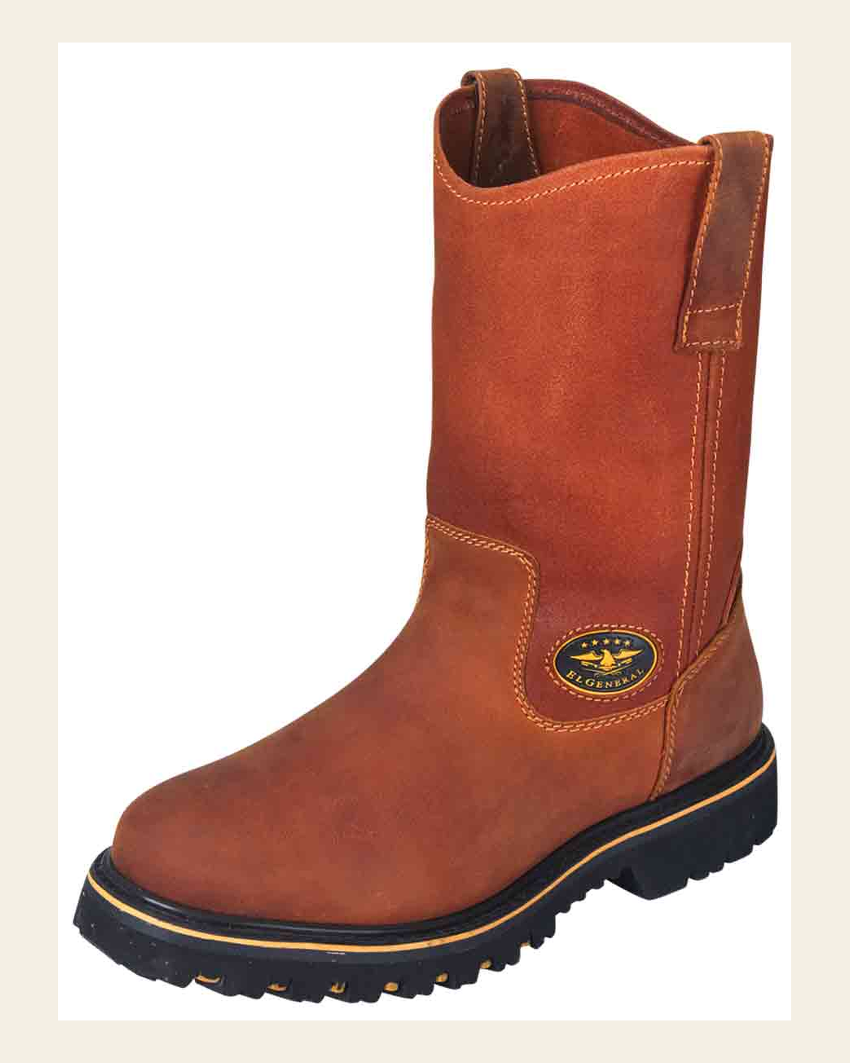 El General Men’s Leather Work Boot with Steel Toe - Made in Mexico - Crazy Miel Honey 31329 on a warm cream background
