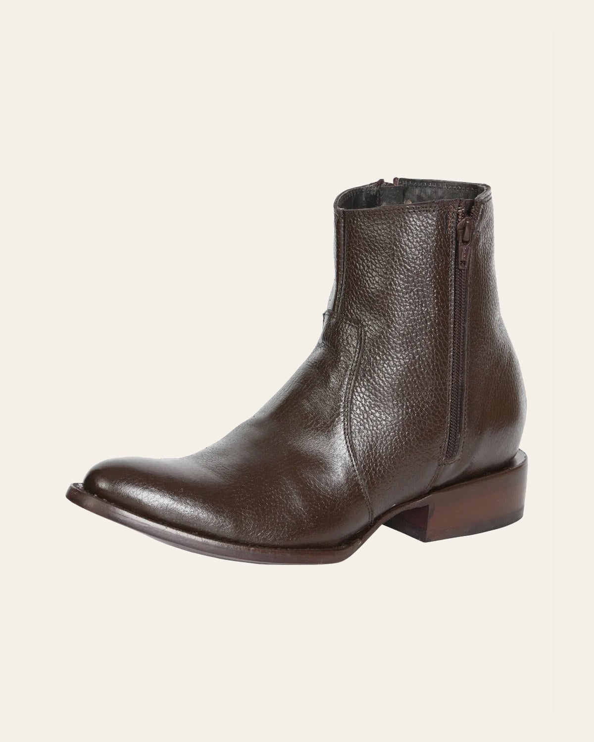 El General Men's Side Zip Round Toe Ankle Boot - Made in Mexico - Brown 45587 on a warm cream background