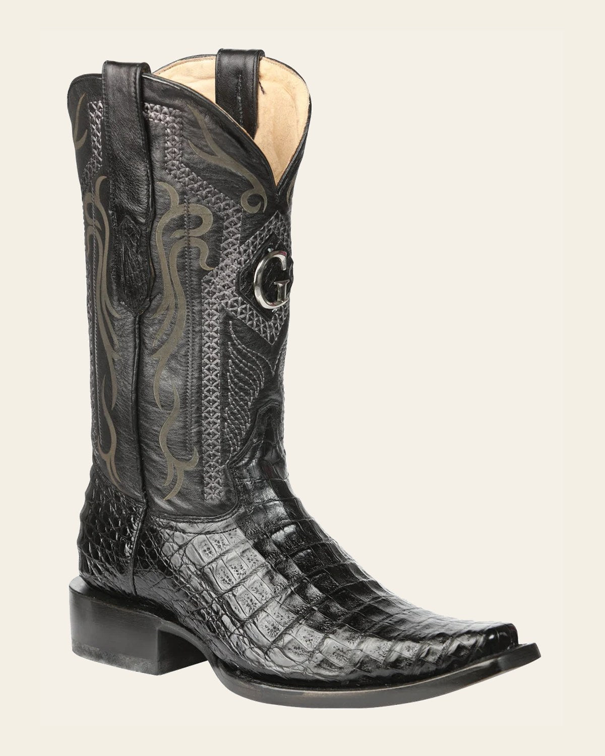 El General Men's Exotic Caiman Belly Cowboy Boots - Black 45078 on a warm cream background