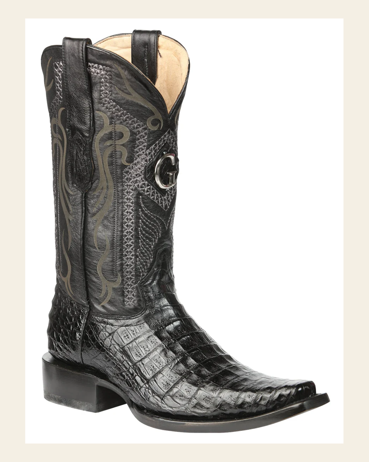 El General Men's Exotic Caiman Belly Cowboy Boots - Black 45078 on a warm cream background