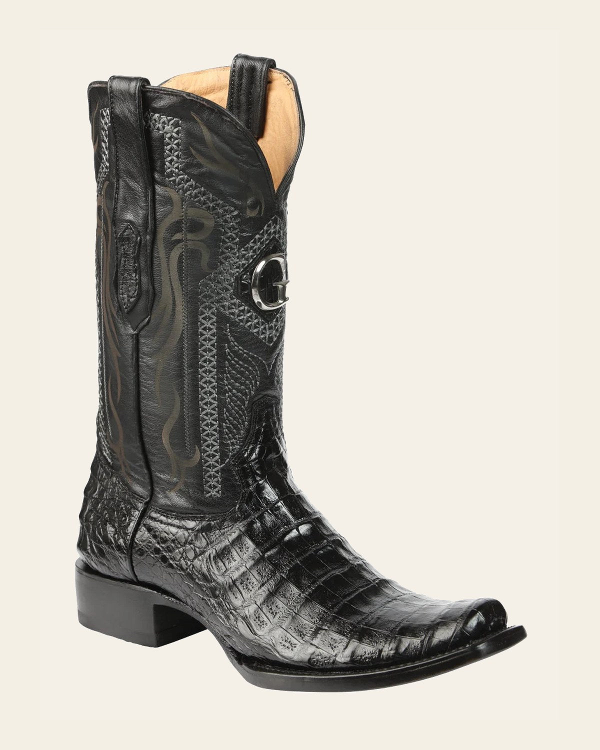 El General Men's Exotic Caiman Belly Cowboy Boots - Black 45518 on a warm cream background