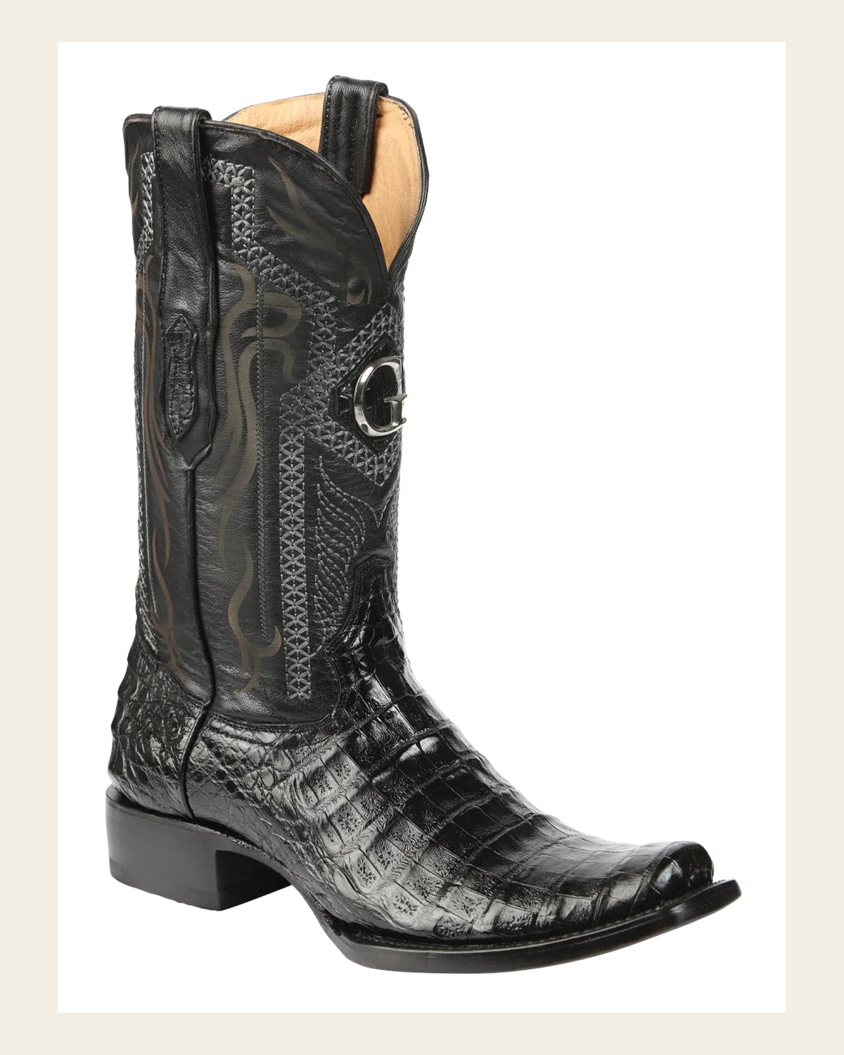 El General Men's Exotic Caiman Belly Cowboy Boots - Black 45518 on a warm cream background