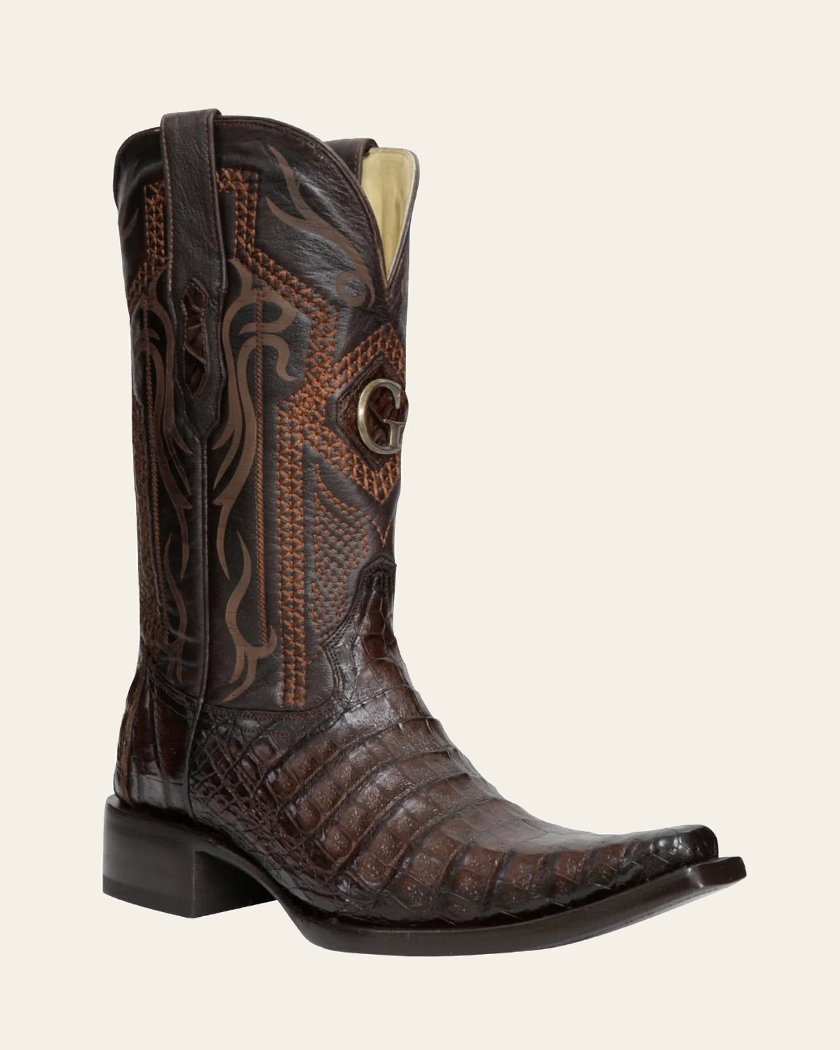 El General Men's Exotic Caiman Belly Cowboy Boots - Brown 45079 on a warm cream background